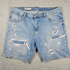 Zara Mens Distressed Paint Splatter Denim Shorts Light Wash Blue Size 36